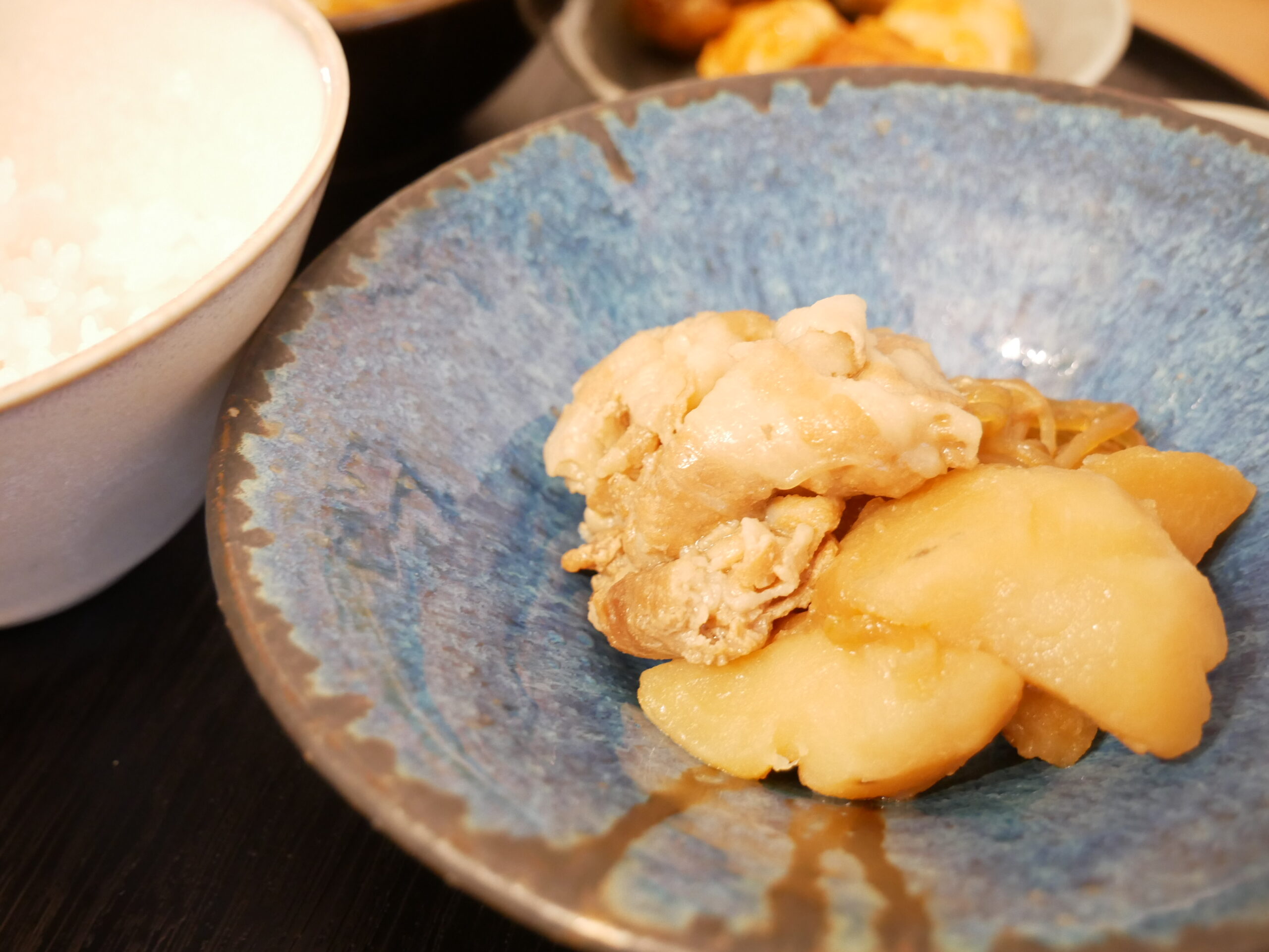 Finished Japanese nikujaga with pork, onions, and potatoes