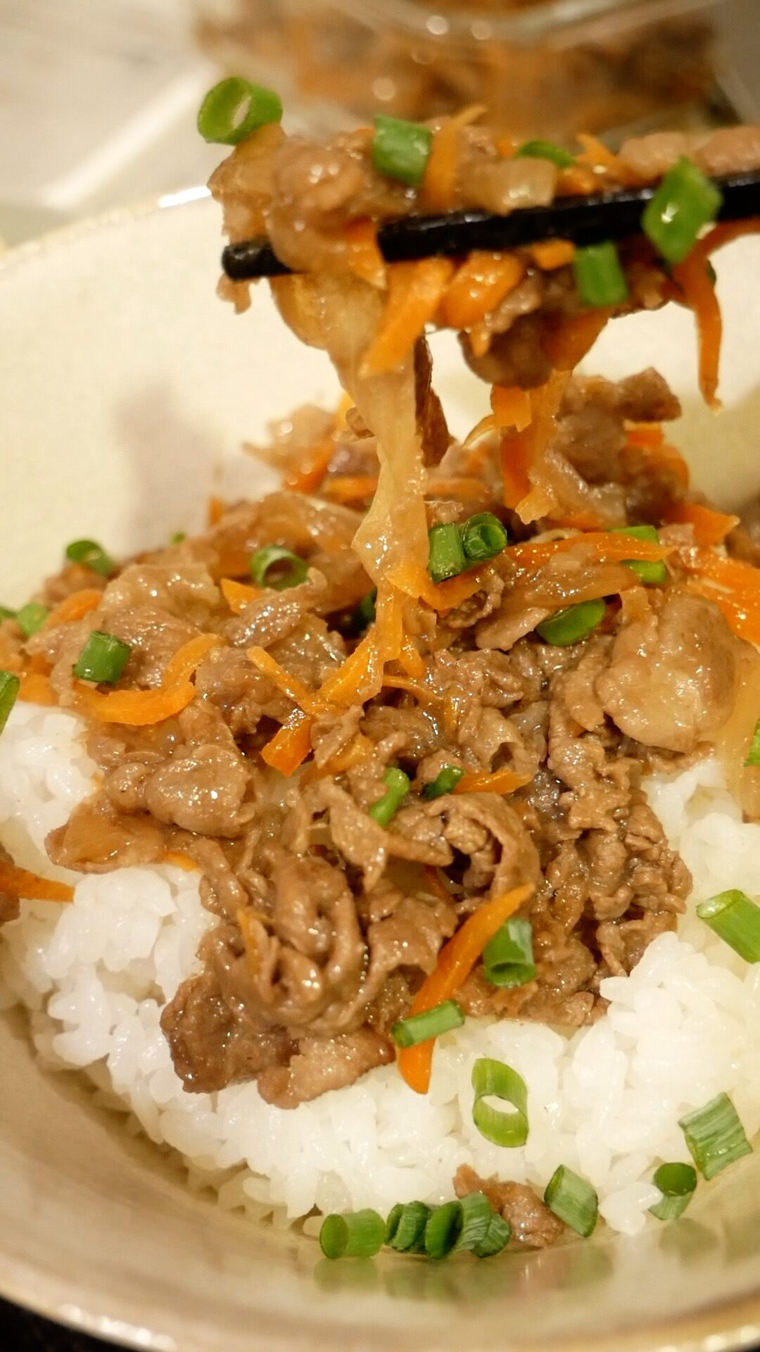 Bulgogi-style beef served over rice with green onions