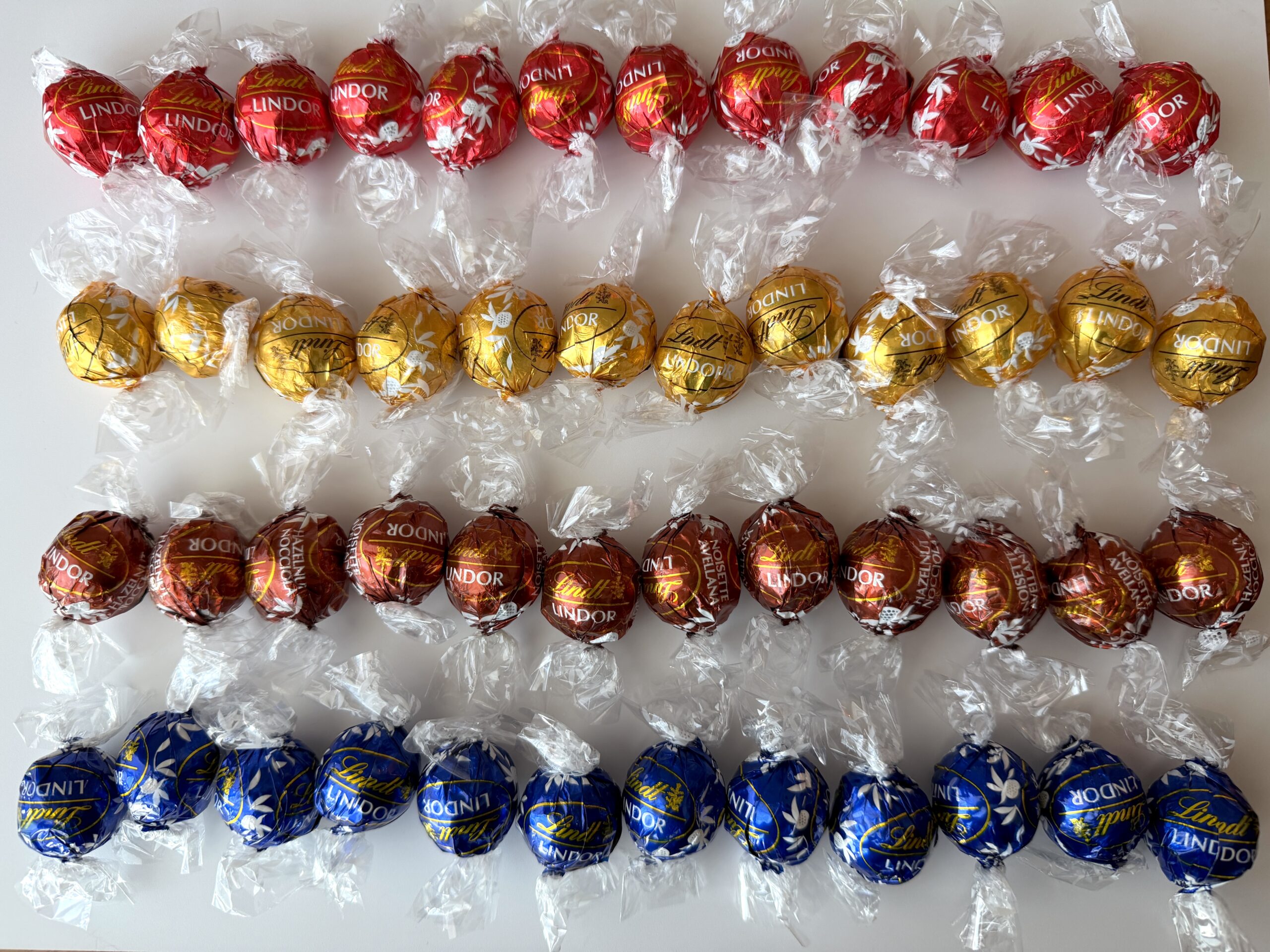 リンツ リンドール アソート ゴールドの4種類を並べた写真